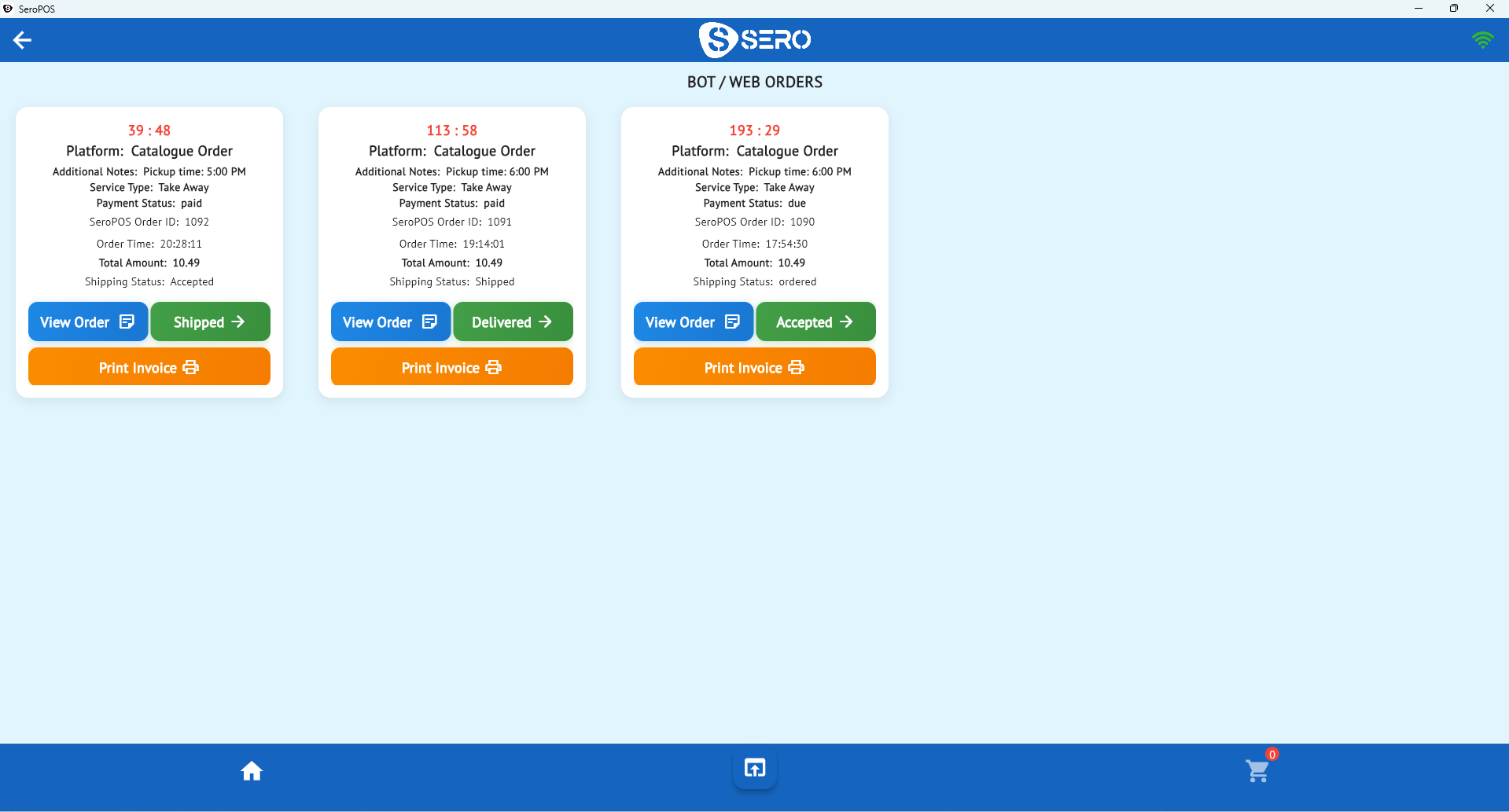 QR and web orders appearing in the SeroPOS order queue with accept and fulfill controls