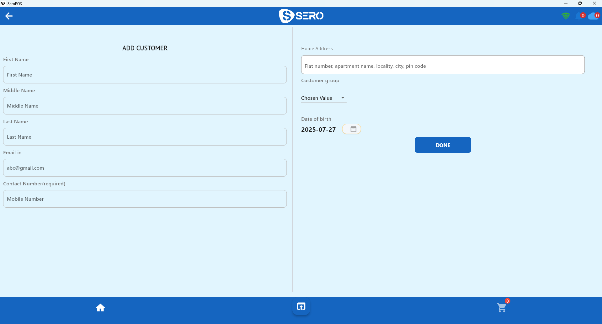 SeroPOS add customer screen with contact details for loyalty program enrolment
