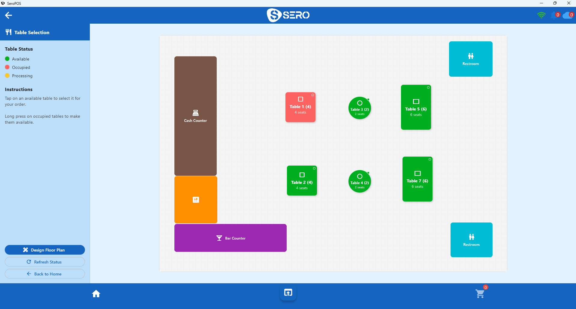 Live restaurant floor plan showing available, occupied and processing table status