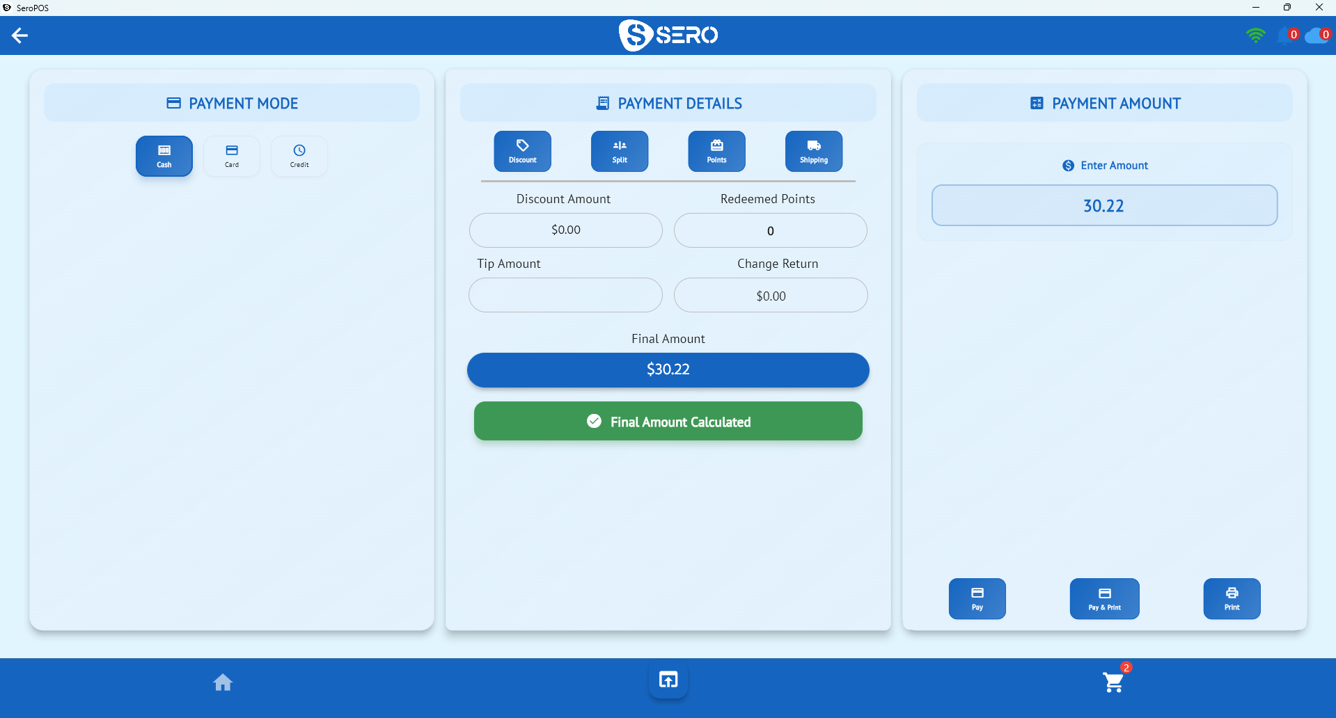 SeroPOS payment screen showing payment modes, discounts, points and card options