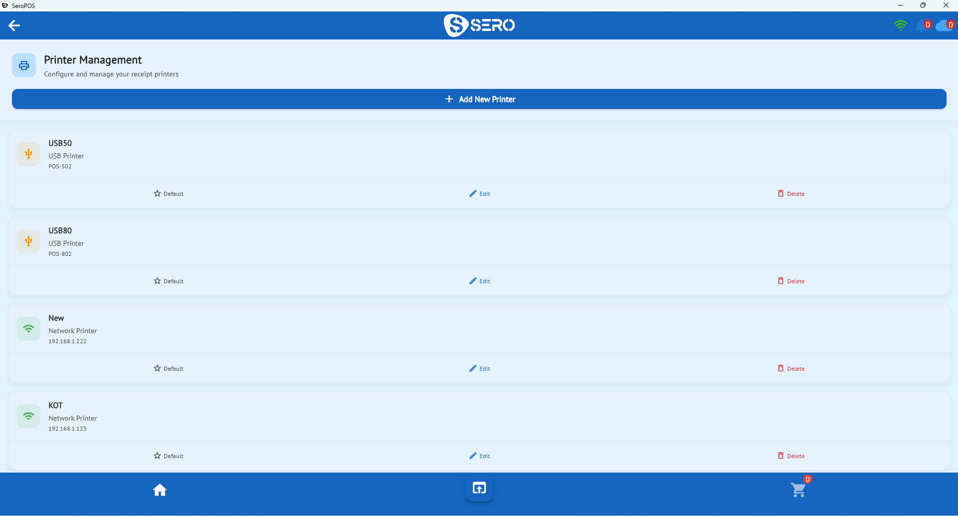 POS printer management screen showing USB and network receipt printers
