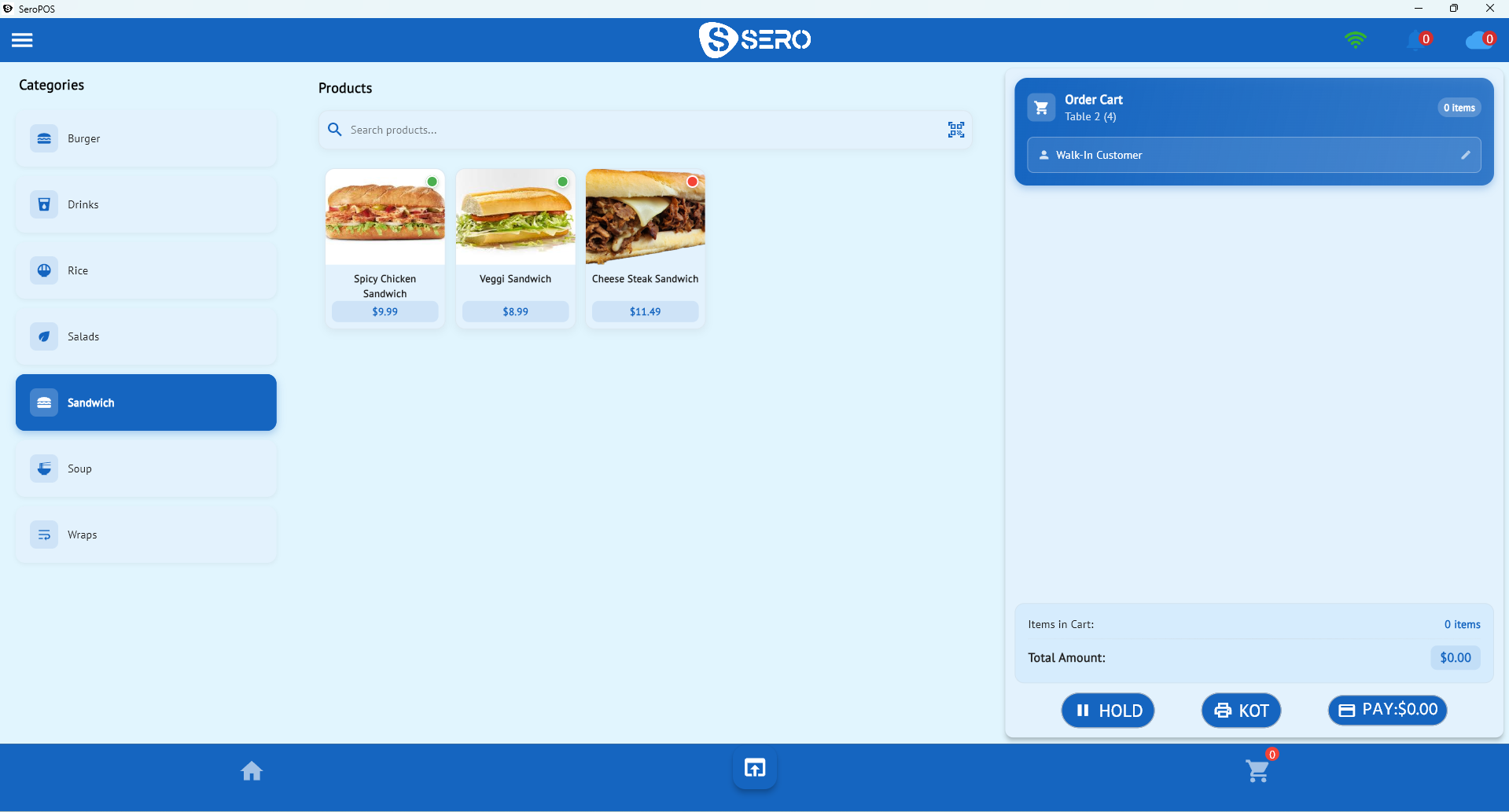 Retail POS sale screen with product search, categories and barcode scanning