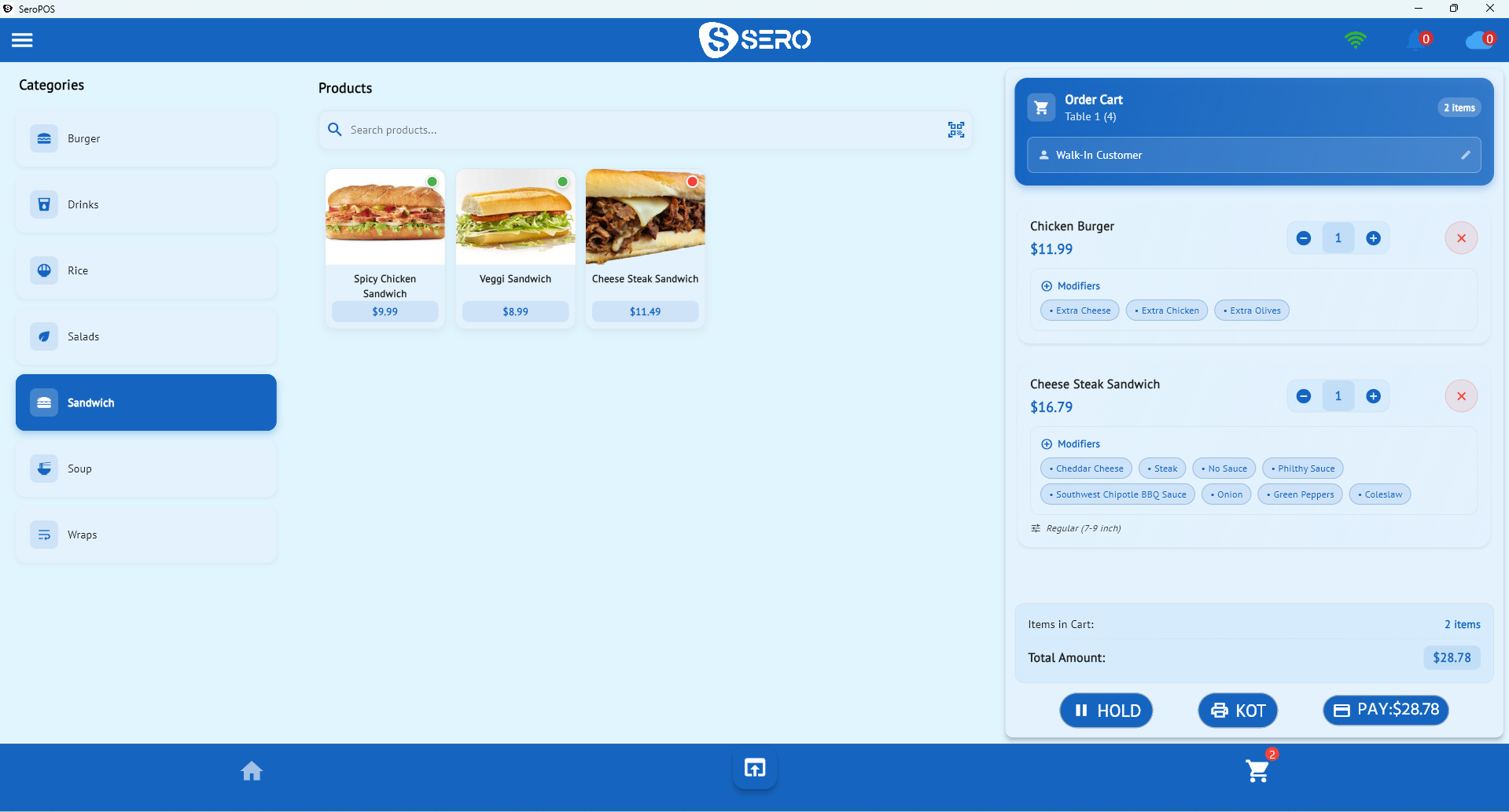 Quick service POS sale screen with category grid, cart and one-tap payment