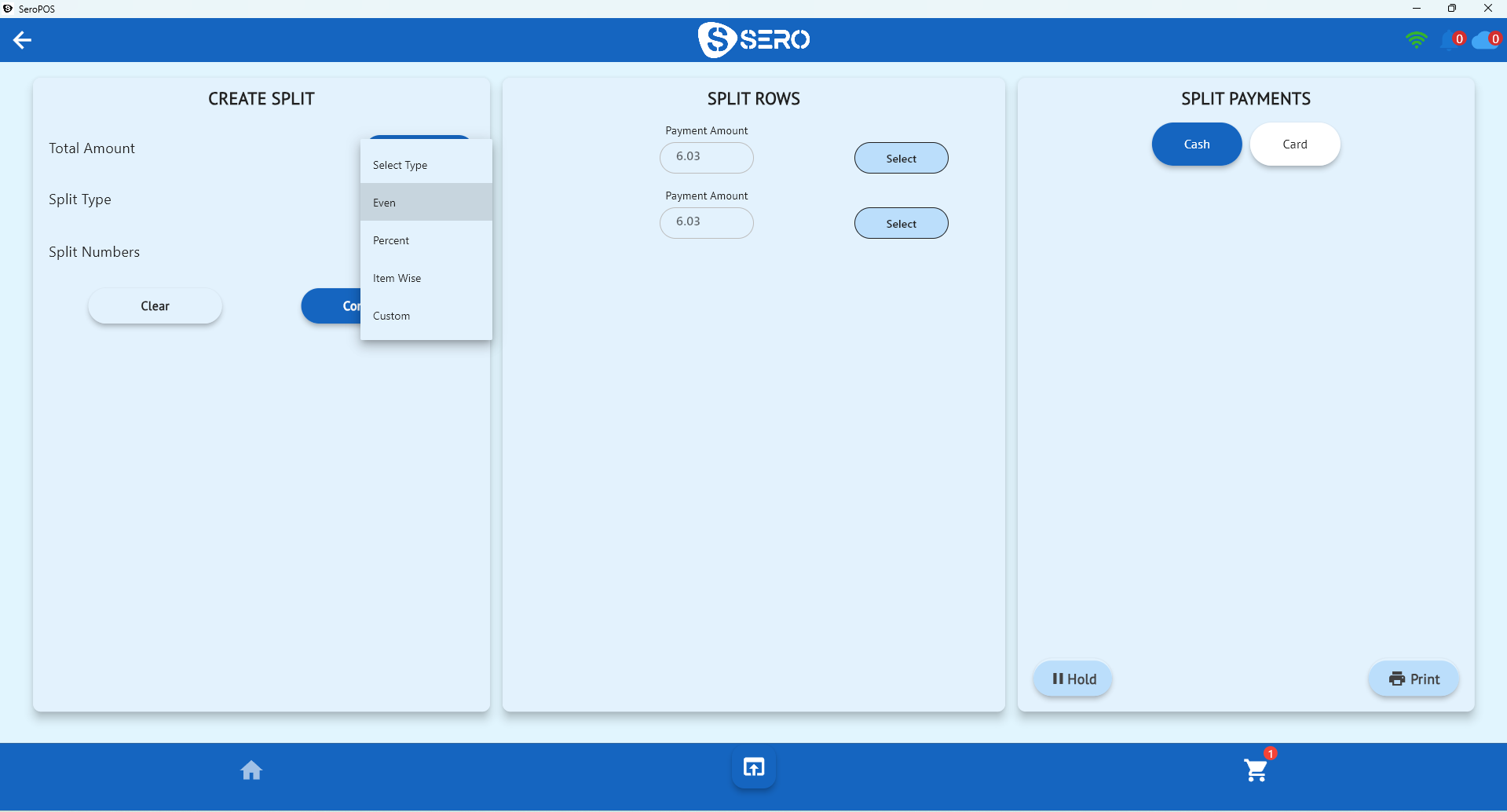 SeroPOS split payment screen with even, percent, item-wise and custom split options